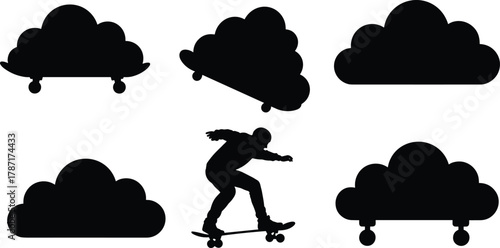 Creative silhouette illustration of clouds with skateboards and skater figure, symbolizing freedom, imagination, and surreal dreamlike movement in minimalist black design