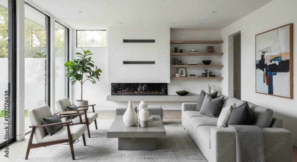 Fototapeta premium Modern Living Room with Gray Sofa Large Windows Minimalist Decor Bright Natural Light