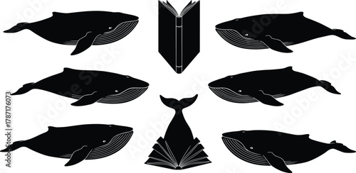 Creative whale and book illustration, surreal ocean concept art showing whales swimming around open books representing imagination, wisdom, and storytelling