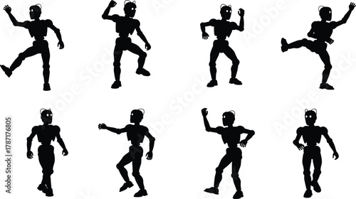 Dancing robot silhouettes in various poses representing futuristic movement, artificial intelligence, technology, creativity, and digital innovation concept illustration in black
