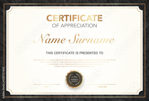 Modern certificate of appreciation template with elegant gold and black design, premium quality badge, customizable name and signature area, perfect for awards, achievement or recognition.