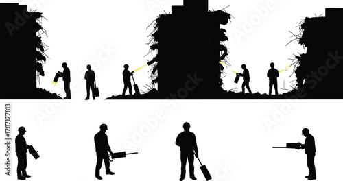 Demolition workers operating power tools to break concrete structures and clear debris on construction site during building removal and structural teardown operations