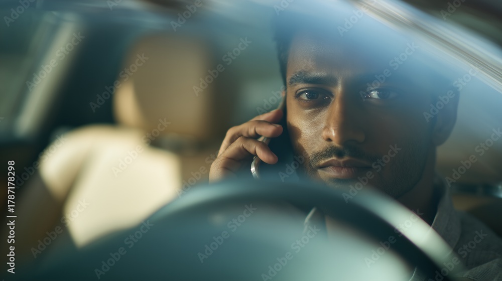 Obraz premium Man talking on smartphone while driving, showing focused communication