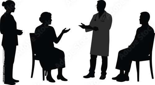 Doctor consulting patients, silhouette illustration of medical team discussion with nurse and elderly woman, healthcare communication, hospital consultation concept