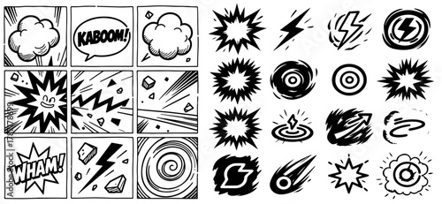 Line speed cartoon effect, boom explosive motion line element set. Comic boom burst, explosive smoke, line speed cartoon vector icon. Hand drawn sketch doodle action effect. Vector illustration