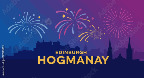 A vibrant flat design illustration of a modern promotional banner for Edinburgh's Hogmanay, featuring stylized fireworks and city elements. This minimalist vector is perfect for digital event marketin