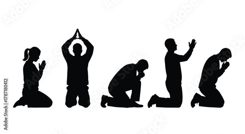 Diverse group of people in silhouette kneeling and praying together