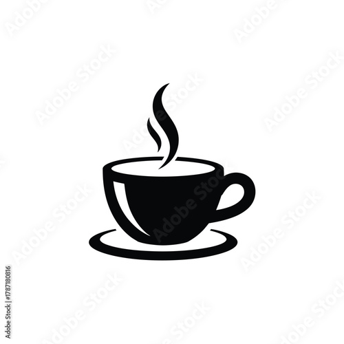 Black steaming coffee cup and saucer icon on white background Keywords: coffee cup, mug, drink