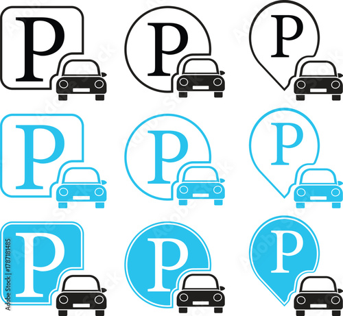 Car Parking Icon set. Public parking and location symbol. Road sign for vehicle park area. Containing park, sign, traffic, vehicle, travel, transport, public and more icons. Vector illustration.