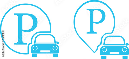 Car Parking Icon set. Public parking and location symbol. Road sign for vehicle park area. Containing park, sign, traffic, vehicle, travel, transport, public and more icons. Vector illustration.