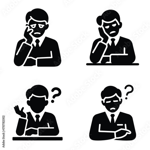 Boredom and confusion icons of men in suits with question marks image stock