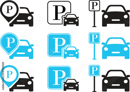 Car Parking Icon set. Public parking and location symbol. Road sign for vehicle park area. Containing park, sign, traffic, vehicle, travel, transport, public and more icons. Vector illustration.