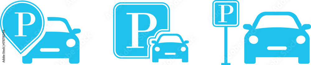 Obraz premium Car Parking Icon set. Public parking and location symbol. Road sign for vehicle park area. Containing park, sign, traffic, vehicle, travel, transport, public and more icons. Vector illustration.