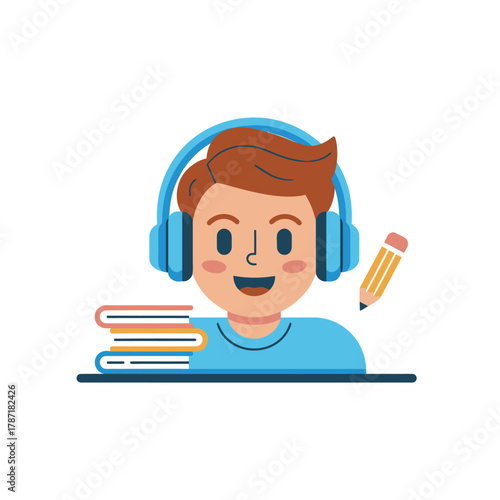 Boy with headphones and pencil next to stack of books on white background child learning