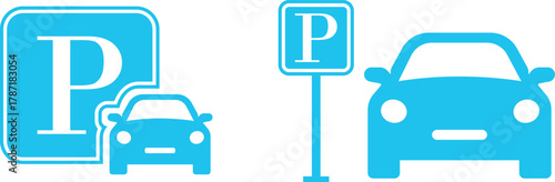 Car Parking Icon set. Public parking and location symbol. Road sign for vehicle park area. Containing park, sign, traffic, vehicle, travel, transport, public and more icons. Vector illustration.