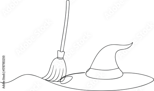 Witch hat and broomstick simple line drawing halloween