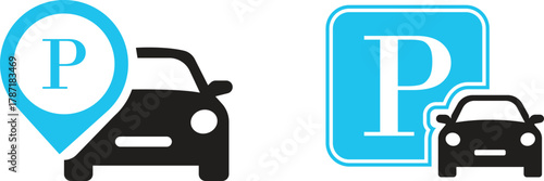 Car Parking Icon set. Public parking and location symbol. Road sign for vehicle park area. Containing park, sign, traffic, vehicle, travel, transport, public and more icons. Vector illustration.