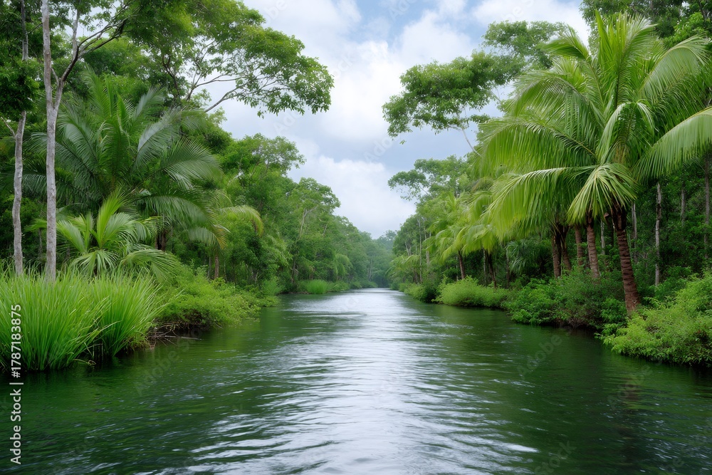 Obraz premium Tropical river flowing through lush green rainforest