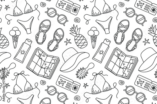 Black and white pattern with travel and summer vacation theme. Flat cartoon vector illustration with map, hat and sunscreen for holiday design, packaging, textiles and resort decor