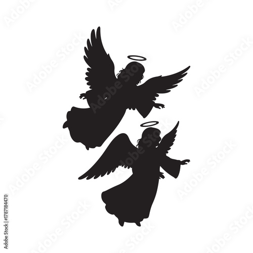 Two flying angel silhouettes with halos, religious icon, spiritual