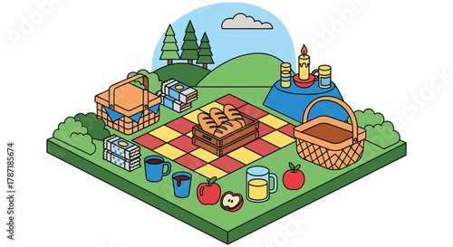 Family picnic with bread, apples, drinks on a summer day outdoors