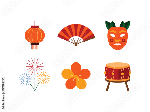 Vibrant lunar new year icons featuring a lantern, fan, mask, fireworks, flower, and drum