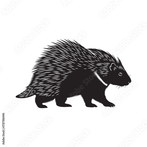 Black porcupine silhouette with pointed quills, isolated graphic