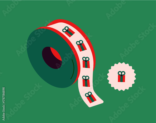 Isometric Christmas vector illustration with tape and gifts. Holiday office supplies scotch tape with gifts and  isometric vector. Isometric office holiday illustration with scotch tape and presents. 