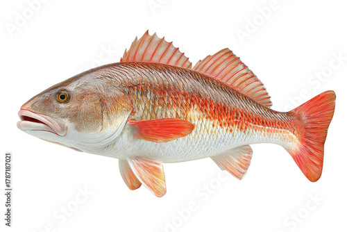 A side profile of a redfish isolated against a black background, showcasing its vibrant scales