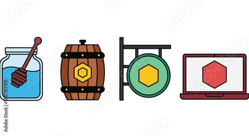 Honey business branding with barrel, sign, laptop, and honey dipper