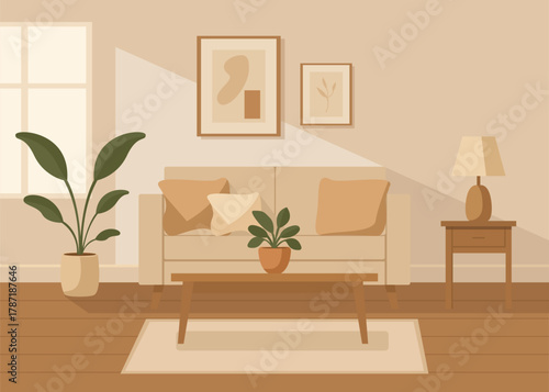 A living room decorated in a beige minimalist style with a sofa and pictures on the wall.