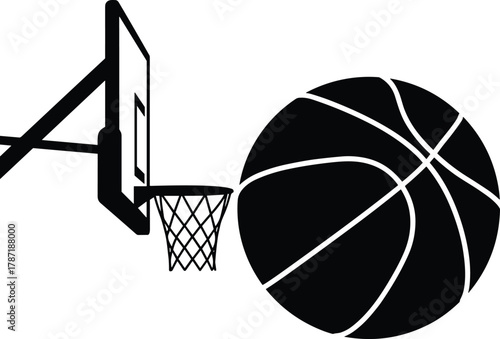Basketball hoop and ball silhouette, black and white sports icon, minimal vector design, athletic theme, flat graphic illustration