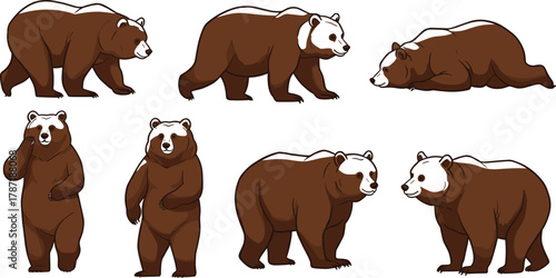 Cartoon bear poses, panda face animal, cute character design, walking bear, resting bear, playful vector, wildlife mascot, flat illustration