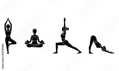 Four yoga poses in silhouette showcasing balance meditation and physical exercise