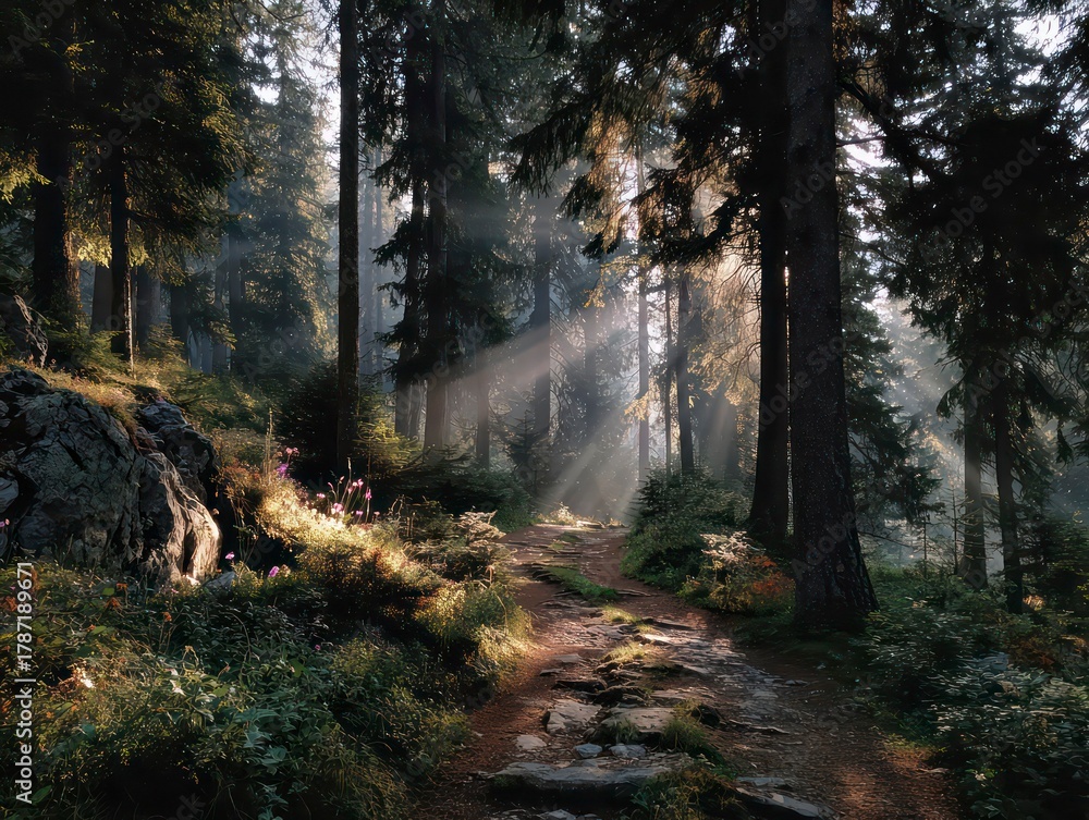 Obraz premium Forest path with sun rays filtering through trees, peaceful tone - Magical Sun Rays Piercing Through Deep Forest Trees onto a Dirt Pathway at Dawn