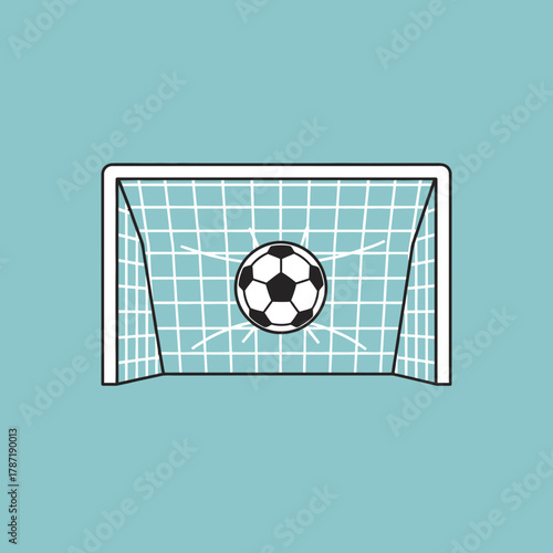Soccer ball in net with goalposts on blue background