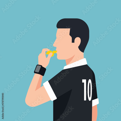 Referee blowing whistle on blue background with number 10 on shirt.