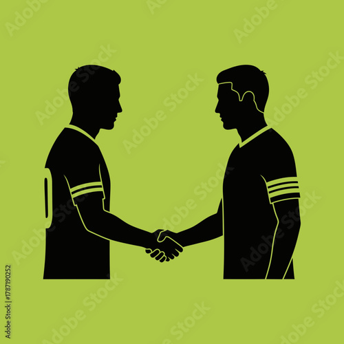 Two silhouetted figures shake hands against a green background.