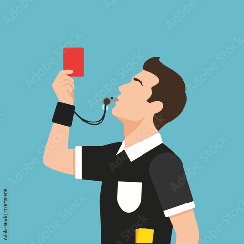 Referee blows whistle holding red card against blue background.