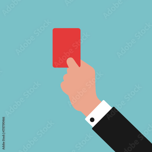 Hand in suit holding a red card against blue background.