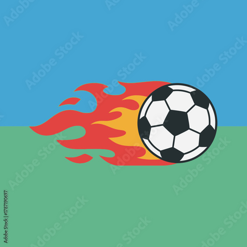 Soccer ball with flames on a field under a blue sky.