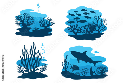 Underwater Coral Reef Vector Illustration Set. Marine Life, Ocean Fish, and Sea Plants Design.