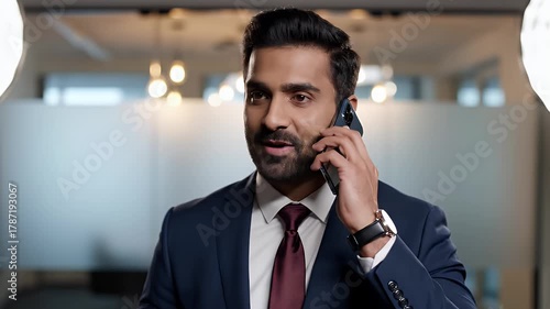 Confident Indian Businessman Engaged in Phone Conversation in Modern Office Setting.