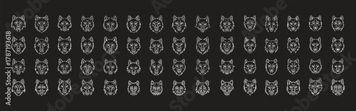 Large seamless pattern of detailed animal head icons including wolves, dogs, and bears in a monochrome mechanical line art style. Ideal for esports mascots, tech themes, branding, apparel, and modern 