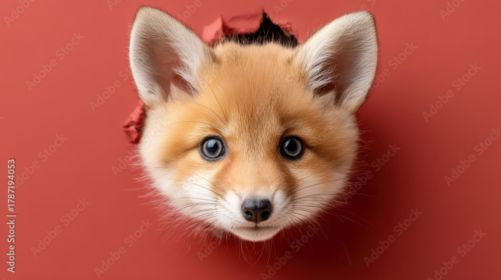 Obraz premium Cute baby fox peeks through torn piece of red paper, showcasing its fluffy fur and bright blue eyes. playful expression adds sense of curiosity and charm to