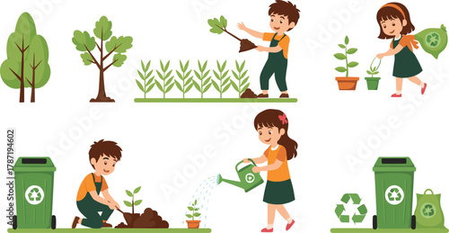 Eco kids illustration, children planting trees, recycling icons, environmental activity vector, green lifestyle, nature care, minimal flat design, black drawing