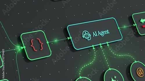 3D animation of AI Agent Workflow Interface with Data Flow and Neural Network Connections.