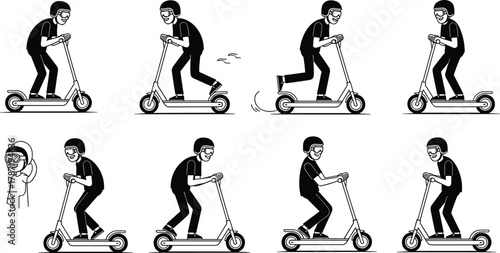 Electric scooter riding steps, helmet safety motion sequence, urban mobility sketch concept, cad drawing flat vector illustration
