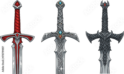 Fantasy sword collection illustration, dragon themed blade, engraved magical weapon set, heroic armory concept, cad drawing flat vector illustration