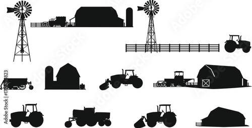 Farm machinery silhouette, barn vector icons, windmill illustration, tractor drawing, rural equipment, agriculture elements, fence, silo, cad drawing flat vector illustration